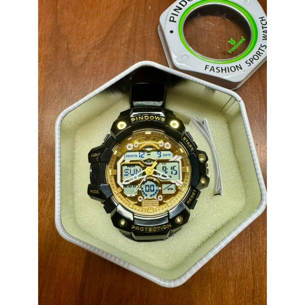 PINDOWS Men's 50M Waterproof Analog Digital LED Watch Gold/Black